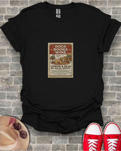 Black t-shirt with "Dogs, Books, Wine" graphic and humorous text.