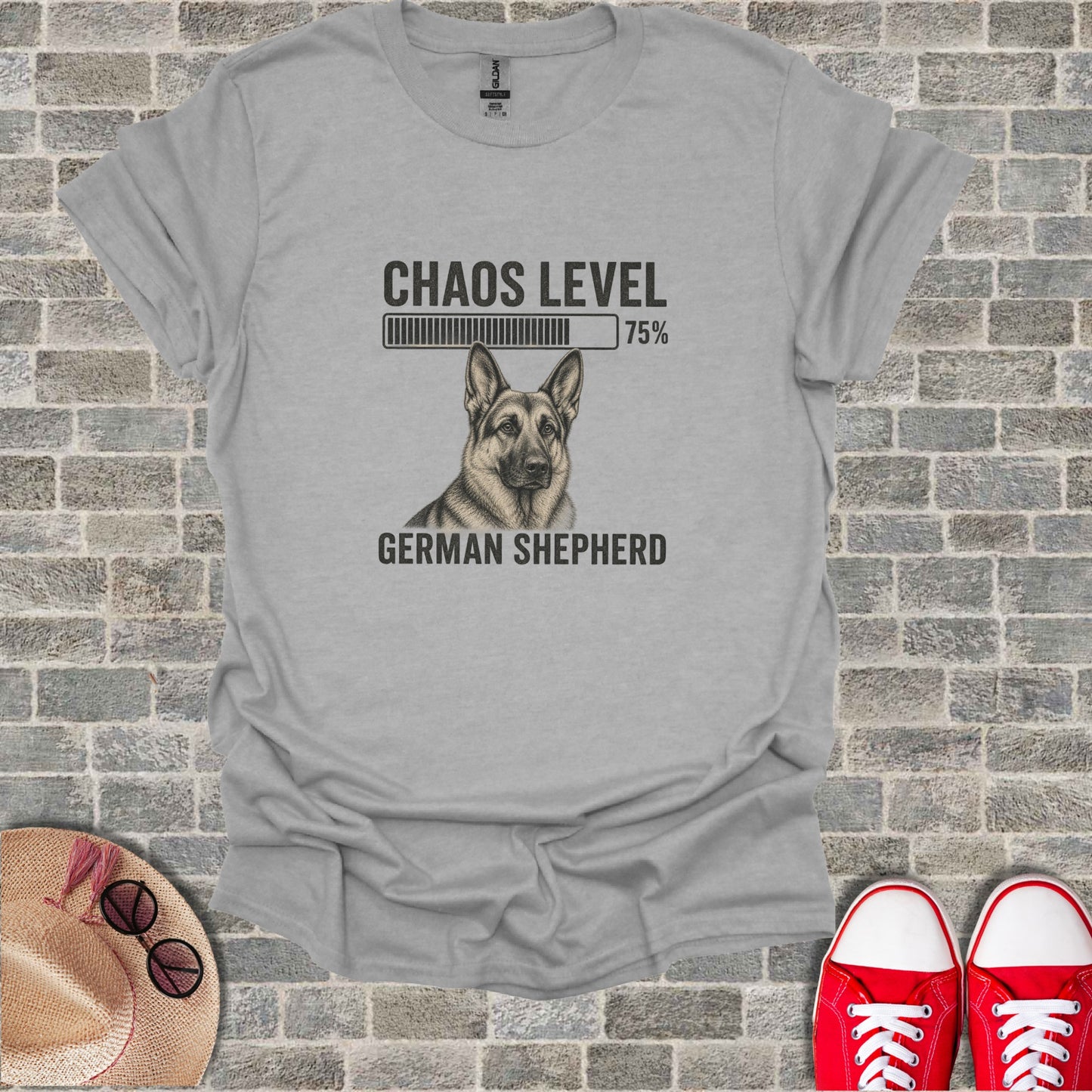Grey t-shirt with German Shepherd graphic and "Chaos Level 75%" text.