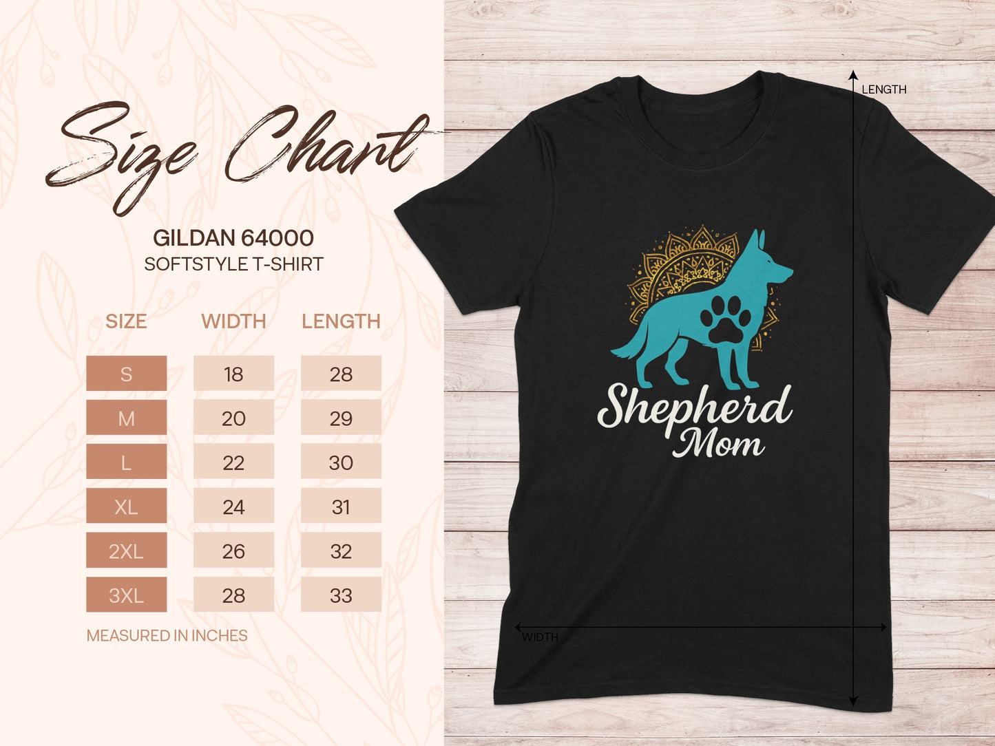 Gildan 64000 Shepherd Mom t-shirt size chart with width and length measurements.