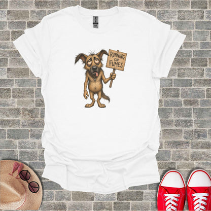 Tired cartoon dog holding "Running on Fumes" sign.