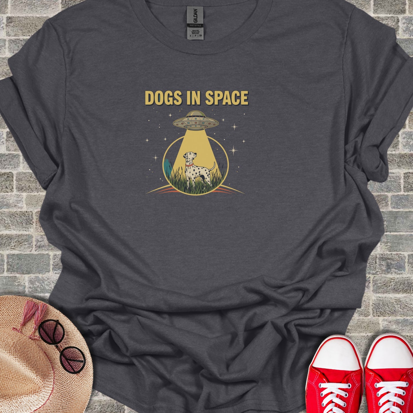 Dogs in Space UFO Funny Graphic T-Shirt Casual Wear