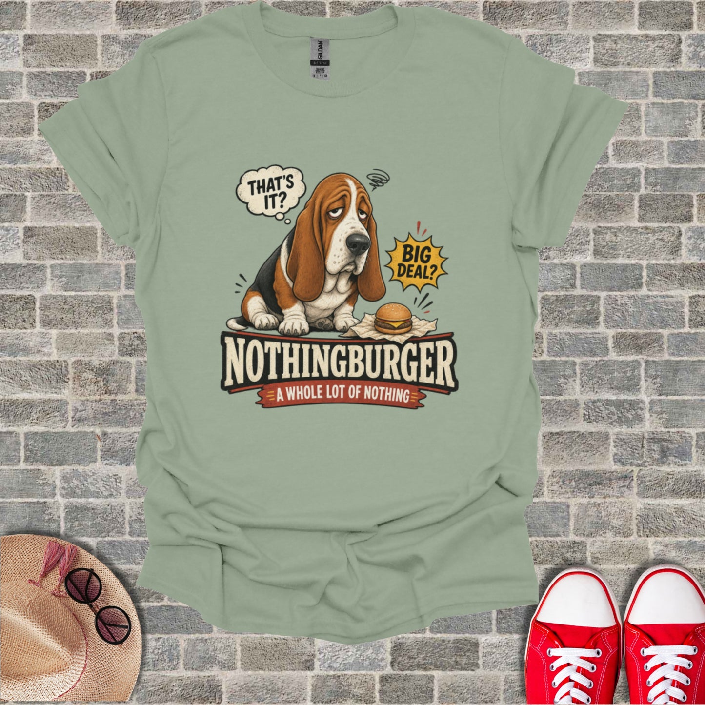Basset hound character with text "That's it? Big deal? Nothingburger - a whole lot of nothing."