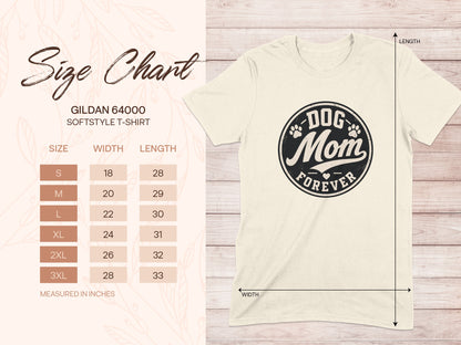 Gildan 64000 Softstyle T-Shirt size chart with dog mom graphic.