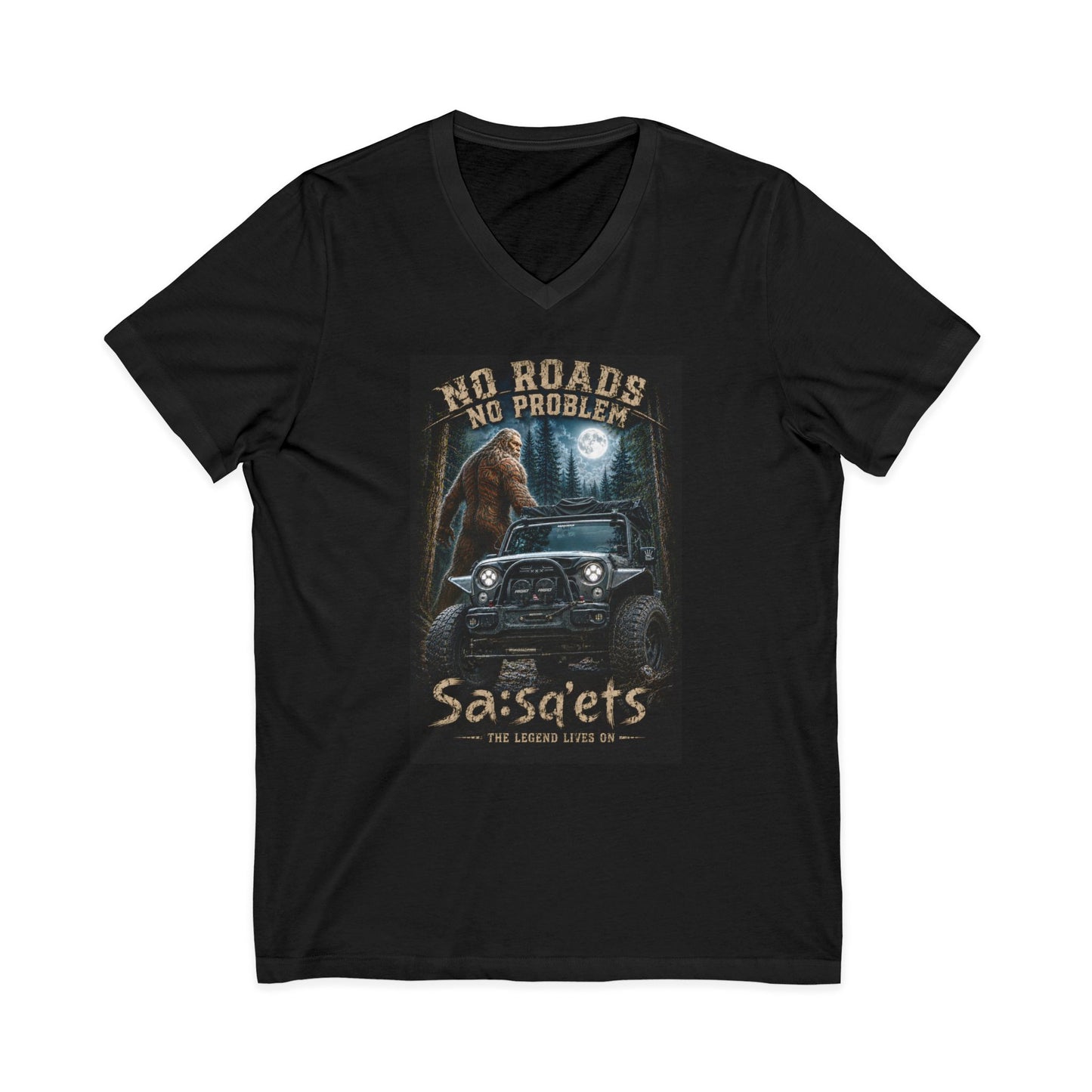 Sasqets Brighter still Off-Road V-Neck Tee — "No Roads No Problem" Sasquatch 4x4 Adventure Shirt