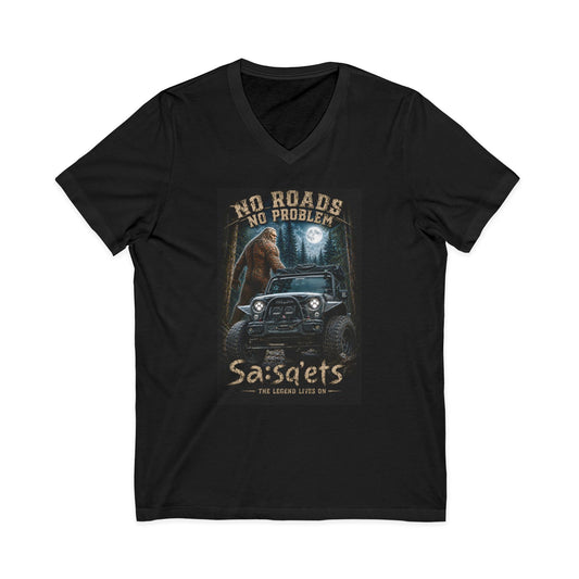 Sasqets Brighter still Off-Road V-Neck Tee — "No Roads No Problem" Sasquatch 4x4 Adventure Shirt