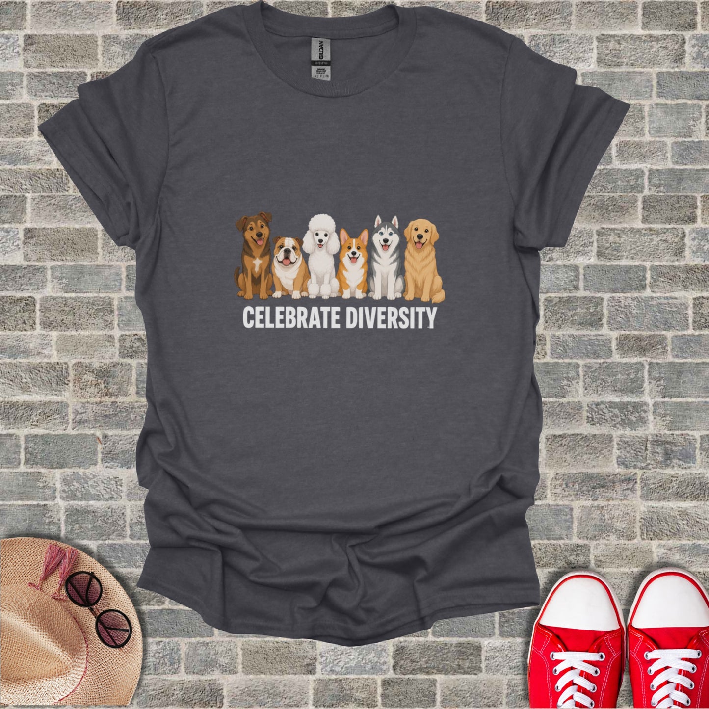 T-shirt with "CELEBRATE DIVERSITY" and cartoon dogs.