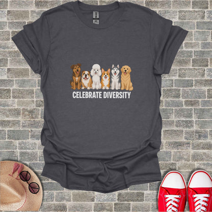 T-shirt with "CELEBRATE DIVERSITY" and cartoon dogs.