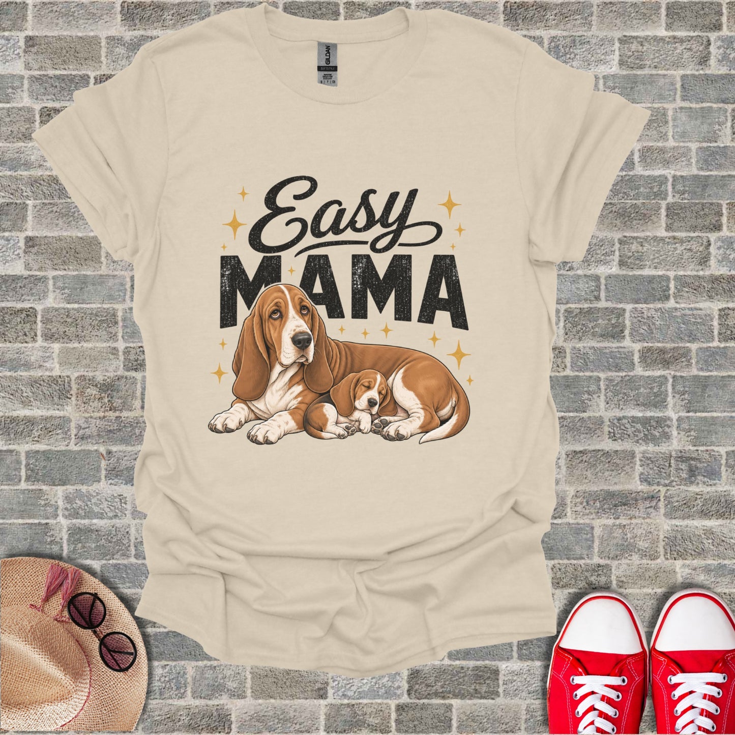 T-shirt with "Easy MAMA" text and basset hounds graphic.