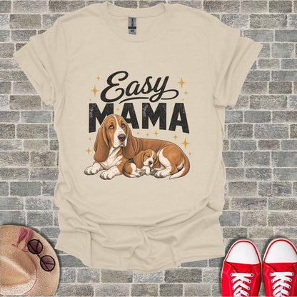 T-shirt with "Easy MAMA" text and basset hounds graphic.