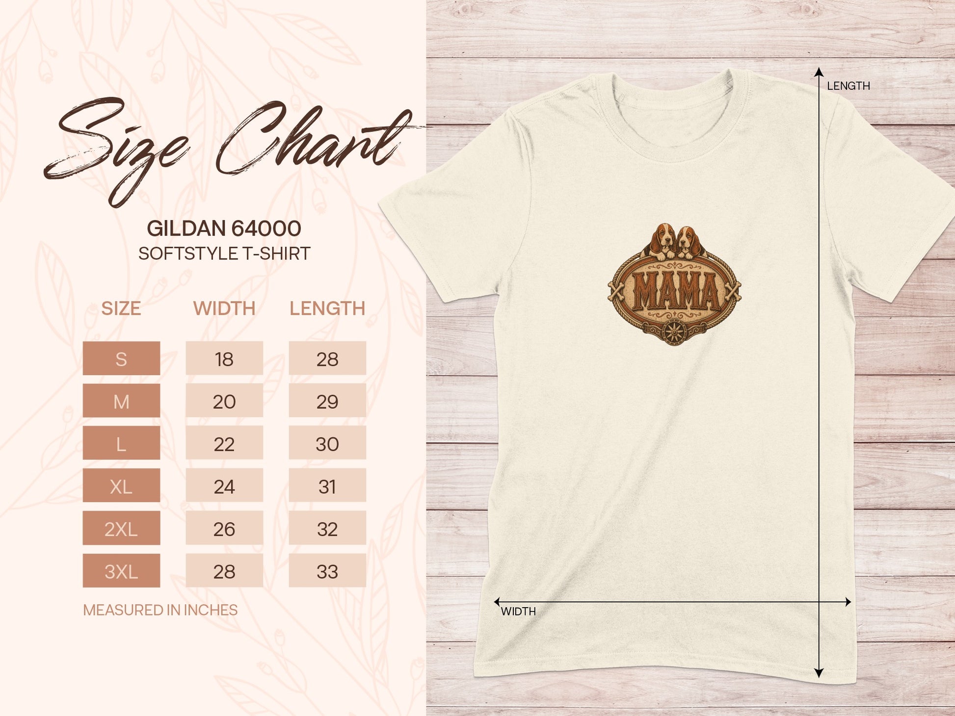 Gildan 64000 Softstyle T-shirt size chart with "Mama" graphic.