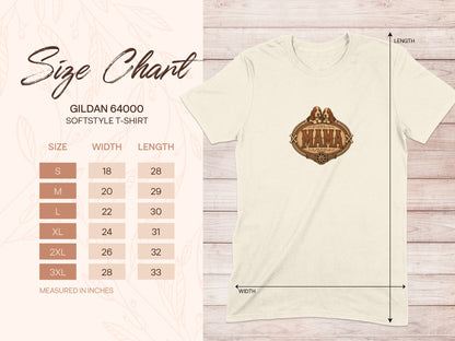 Gildan 64000 Softstyle T-shirt size chart with "Mama" graphic.