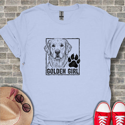 Light blue t-shirt with black "GOLDEN GIRL" text and paw print.