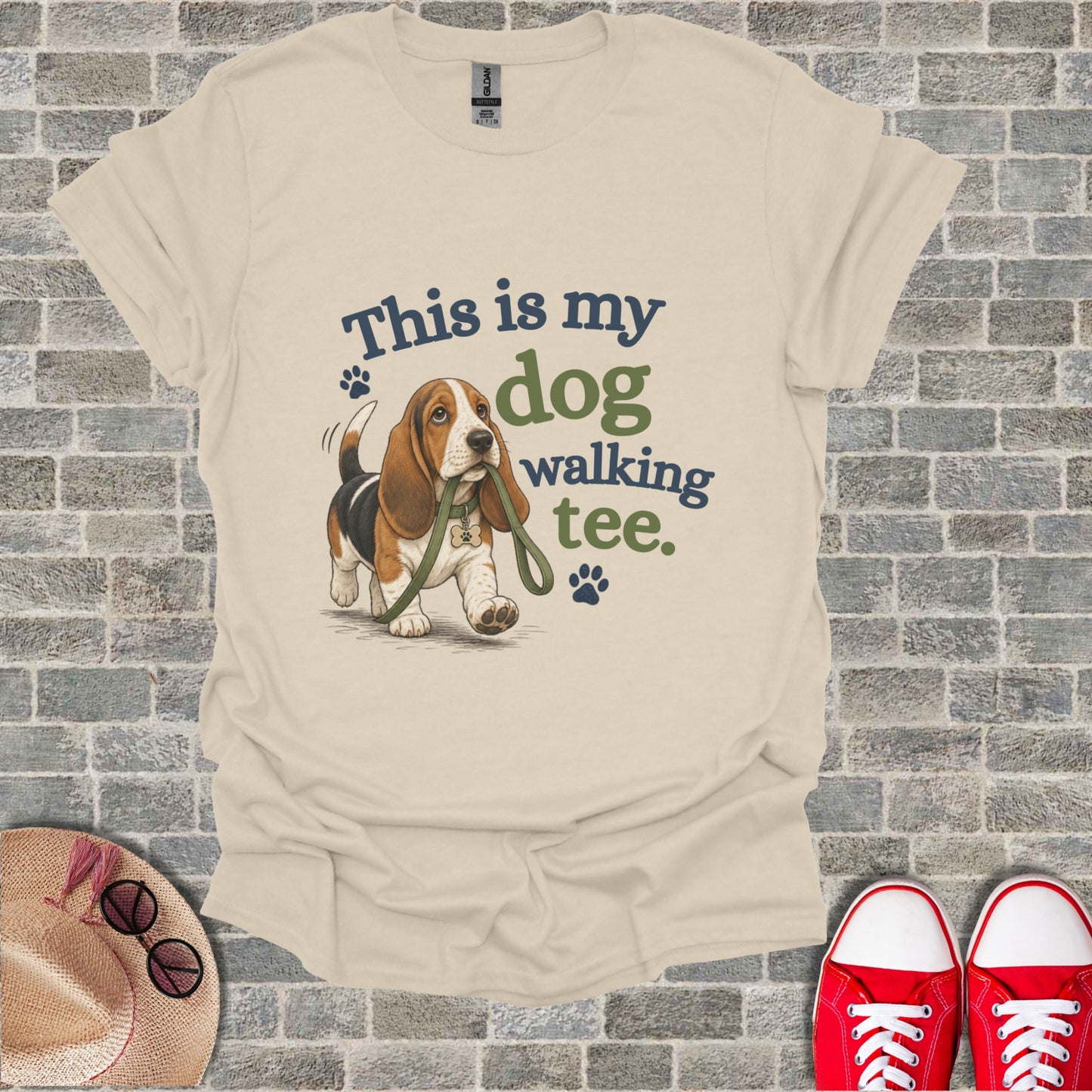 T-shirt with "This is my dog walking tee" and a cartoon basset hound.