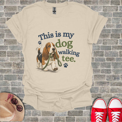 T-shirt with "This is my dog walking tee" and a cartoon basset hound.