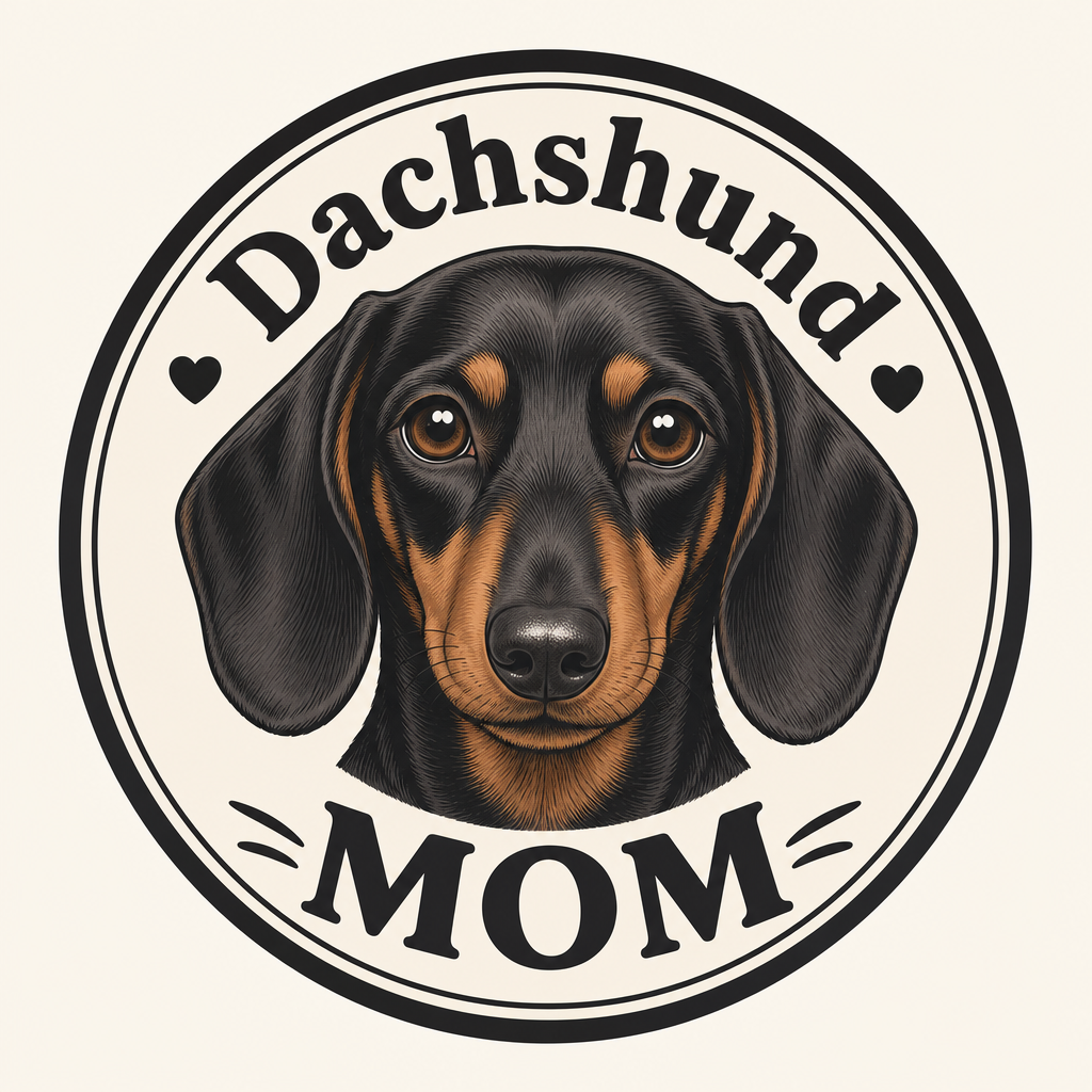 Black and tan dachshund illustration with "Dachshund MOM" text in a circle.