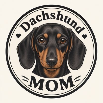 Black and tan dachshund illustration with "Dachshund MOM" text in a circle.