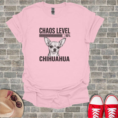 T-shirt with chihuahua portrait and "Chaos Level 90%" text.