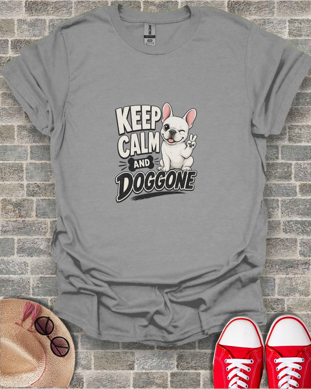 Grey t-shirt with "Keep Calm and Doggone" text and cartoon French Bulldog.