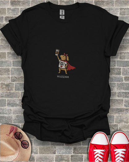 Black t-shirt with "Dog Mom" text, superhero cape, and coffee cup graphic.