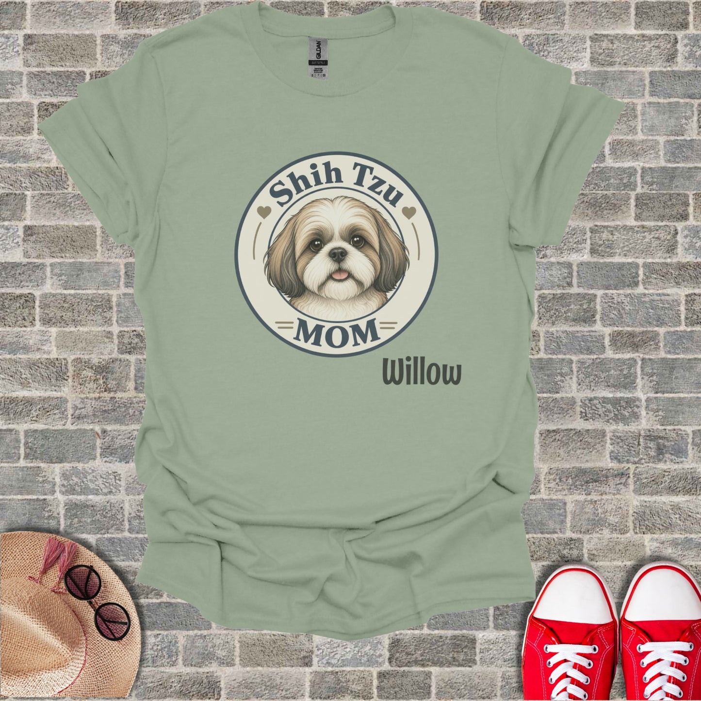 Sage t-shirt with Shih Tzu dog graphic, "MOM", and "Willow".