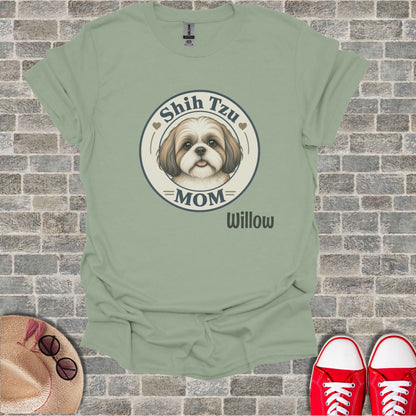 Sage t-shirt with Shih Tzu dog graphic, "MOM", and "Willow".