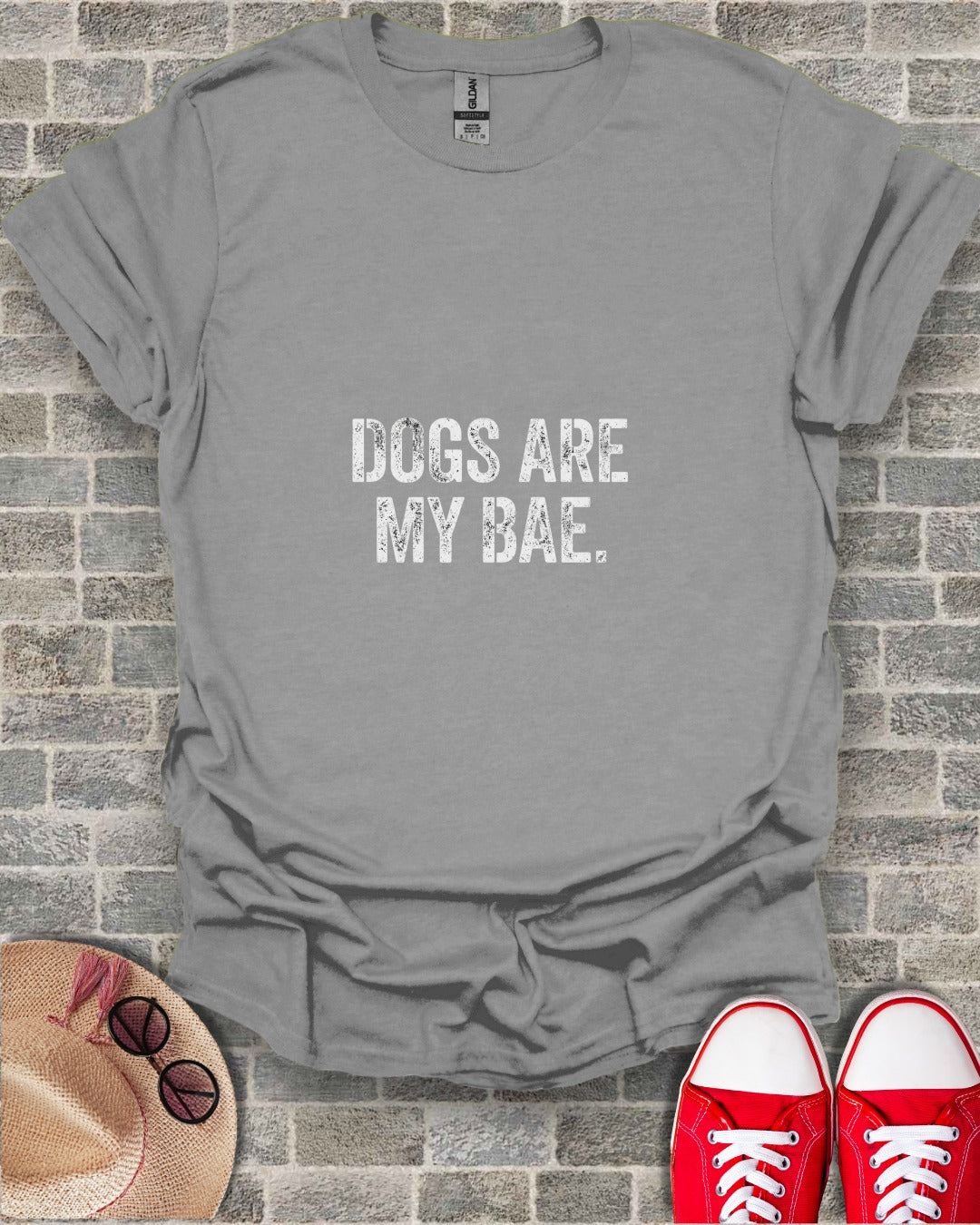 Gray t-shirt with "DOGS ARE MY BAE" text, sunglasses, and red shoes.
