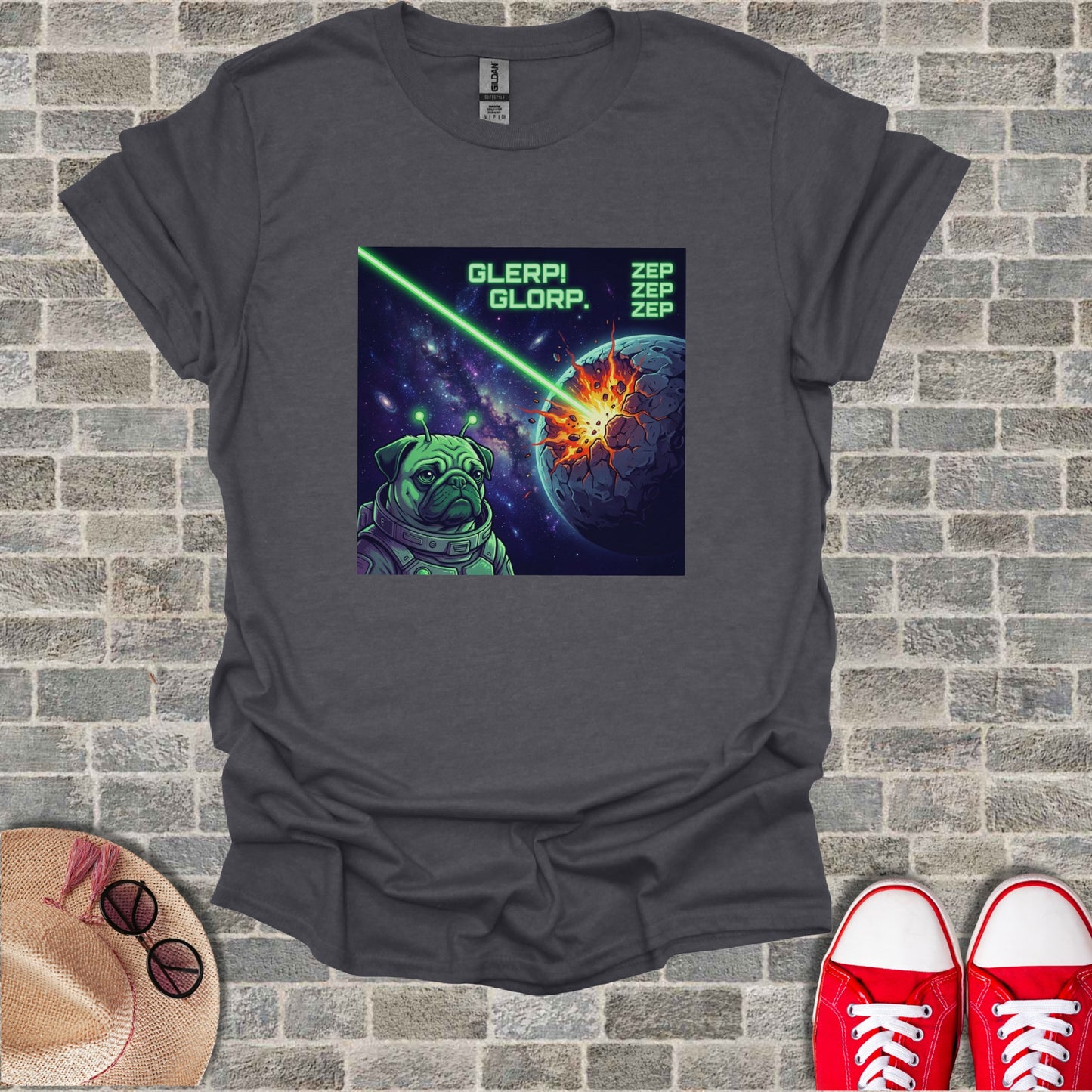 Pug alien in space suit shooting laser at exploding planet, "GLORP ZEP ZEP ZEP" text.