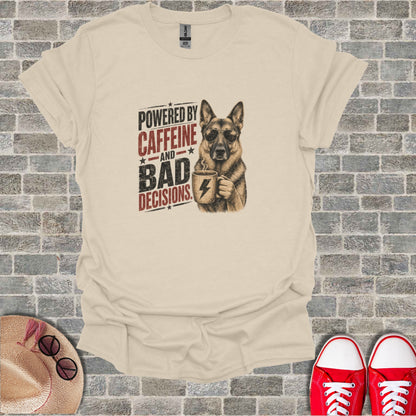 German Shepherd wearing sunglasses holding a coffee mug with text about caffeine and bad decisions.