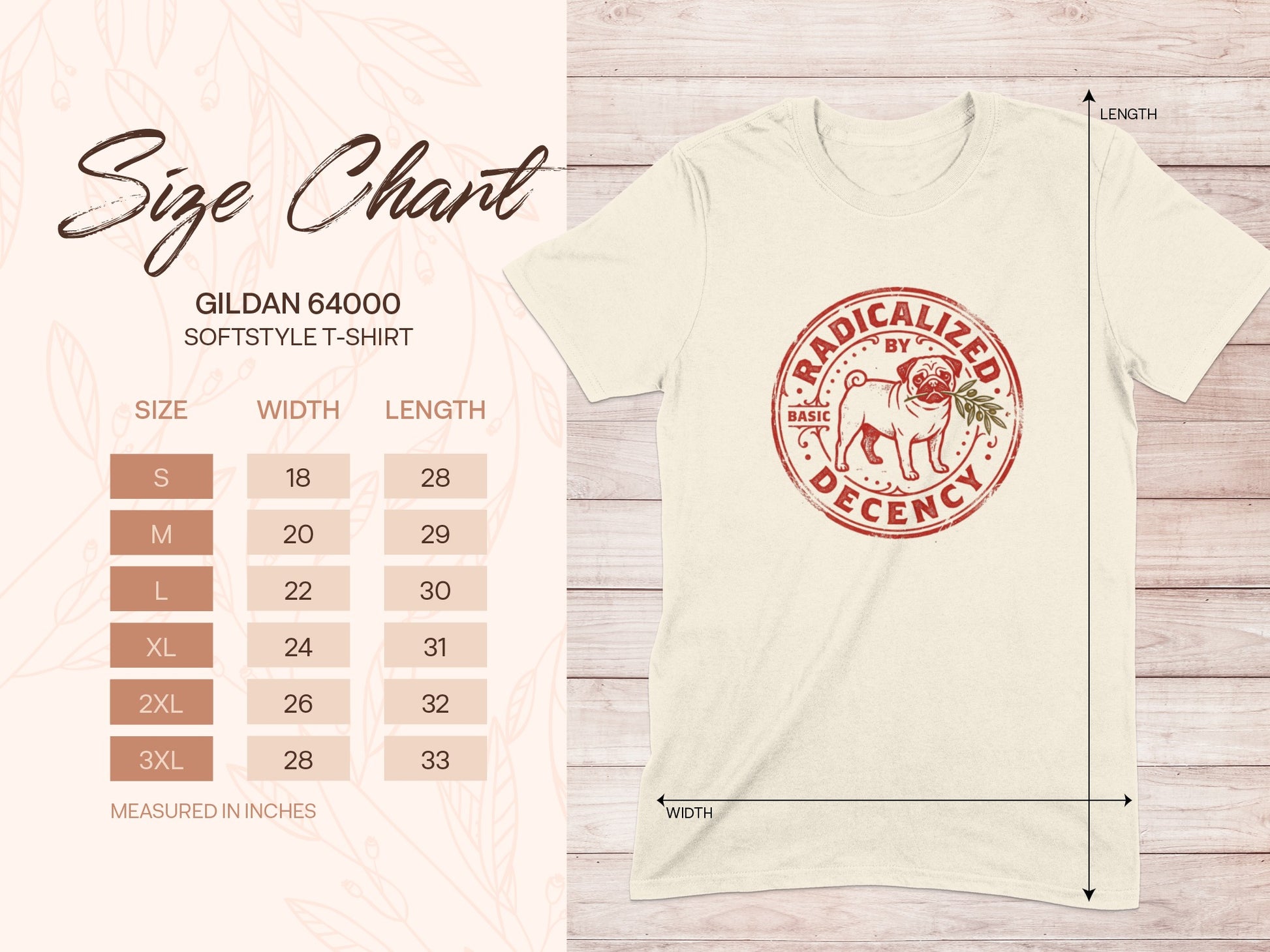Gildan 64000 size chart for a softstyle t-shirt with dog graphic.