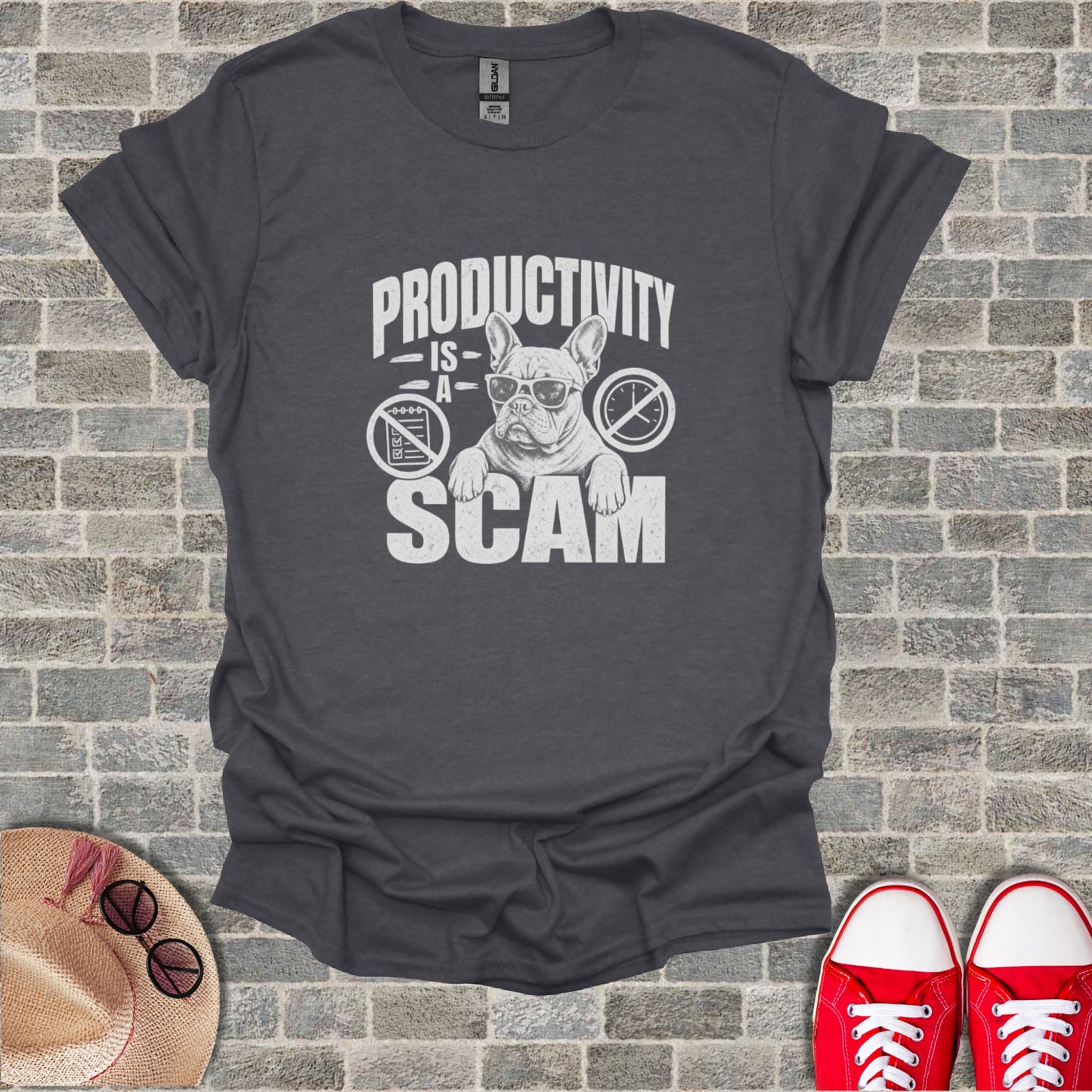 Dark t-shirt with "PRODUCTIVITY IS A SCAM" and a pug wearing glasses.