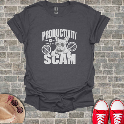 Dark t-shirt with "PRODUCTIVITY IS A SCAM" and a pug wearing glasses.