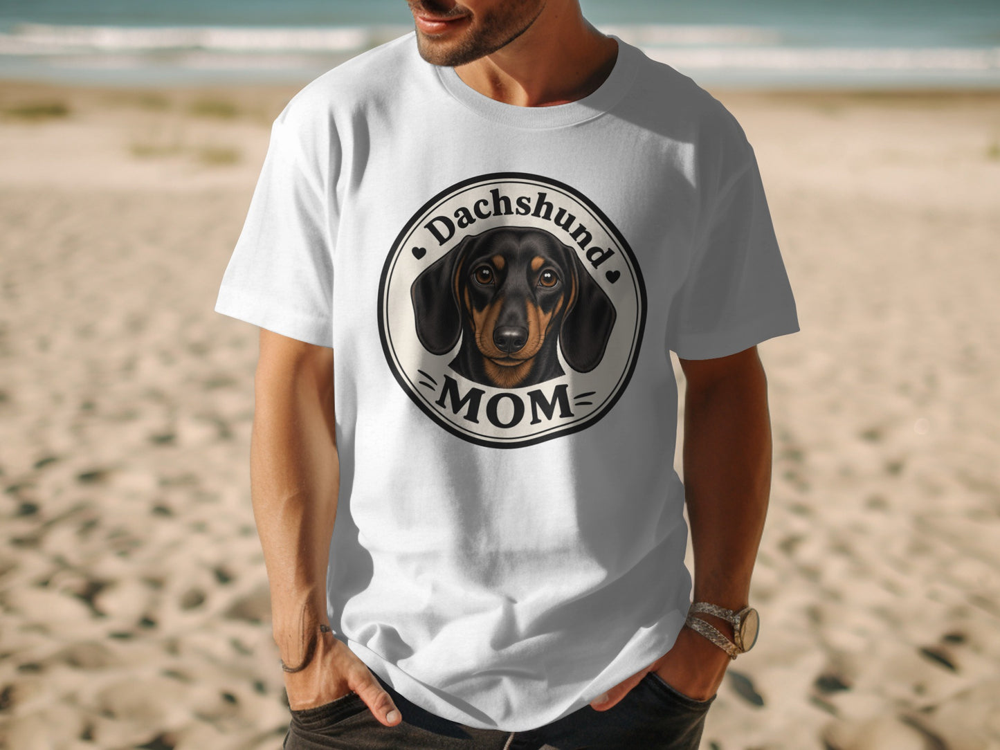 White t-shirt with a dachshund and "Dachshund Mom" graphic on the front.