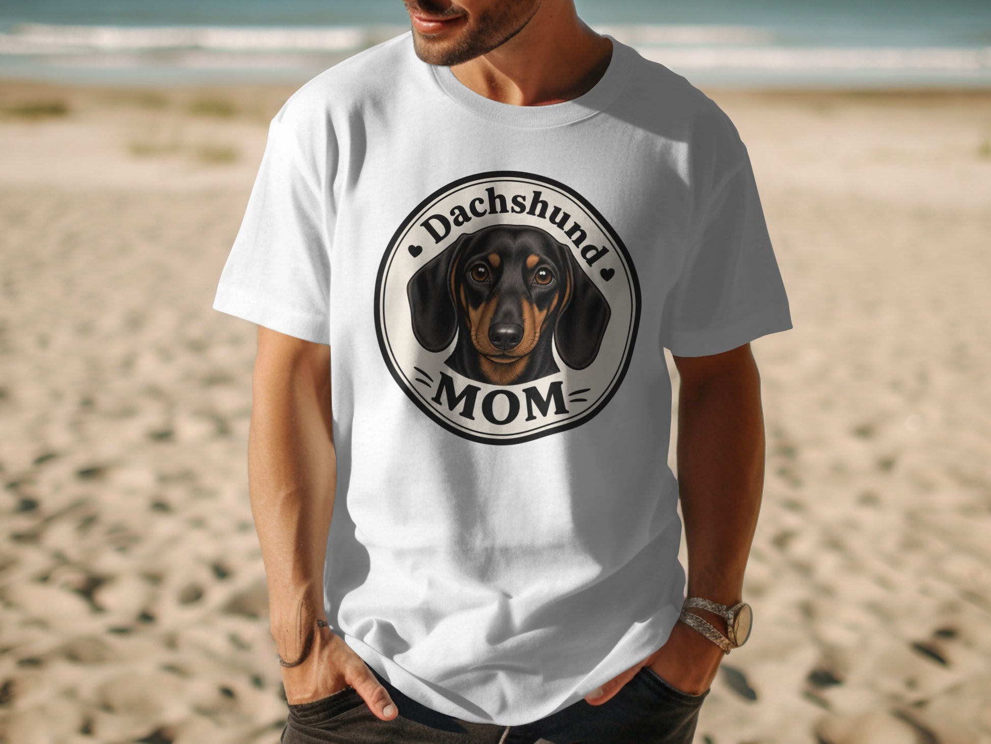 White t-shirt with a dachshund and "Dachshund Mom" graphic on the front.