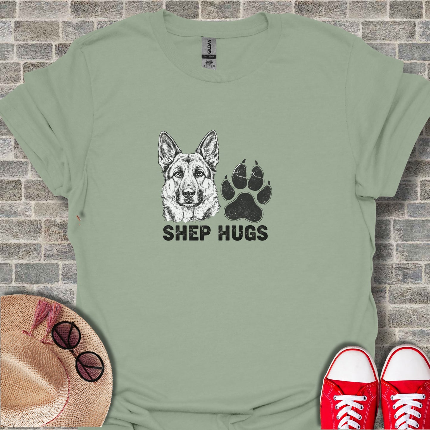 Shep Hugs Graphic T-Shirt Design for Dog Lovers