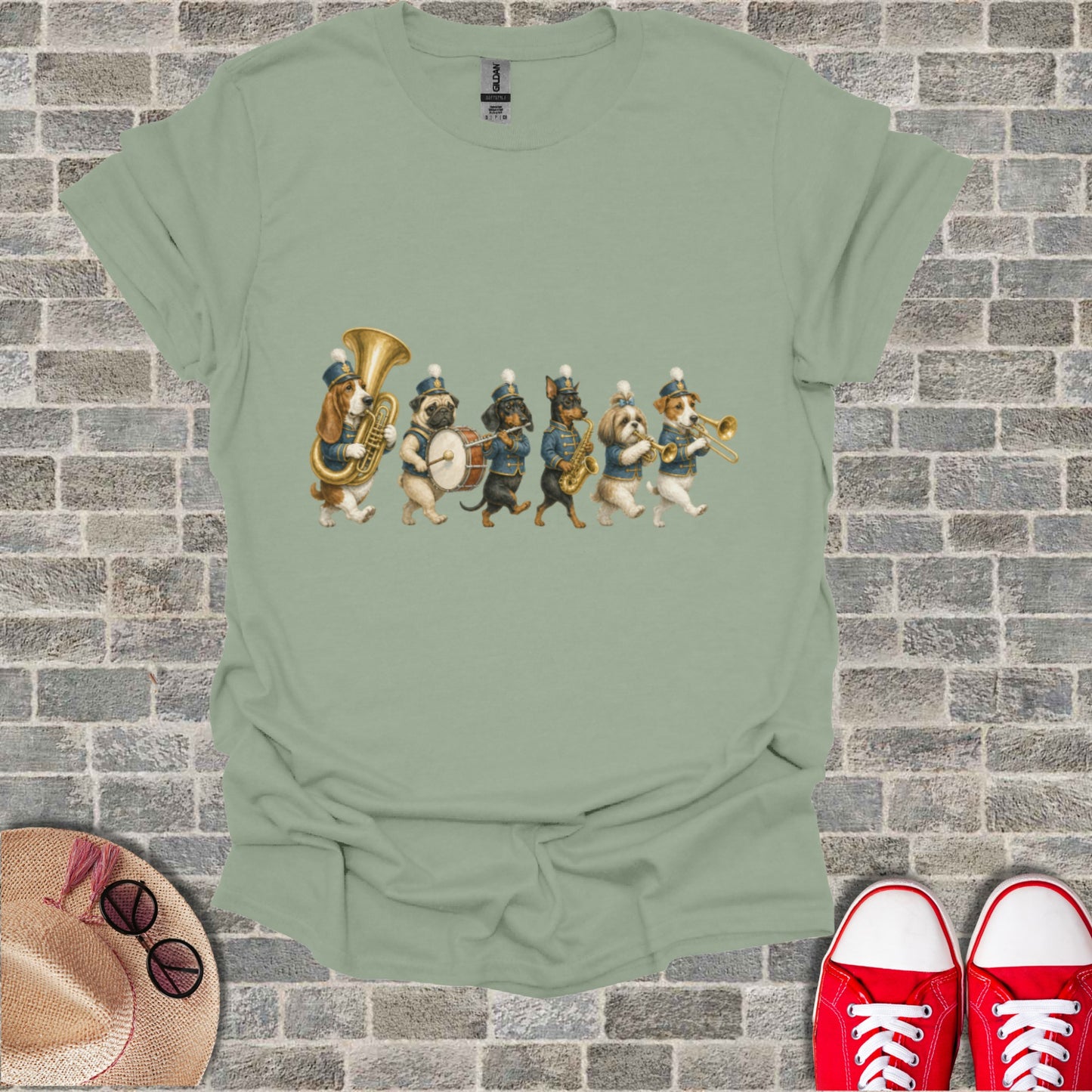 Dog band marching with various instruments and formal attire on a t-shirt.