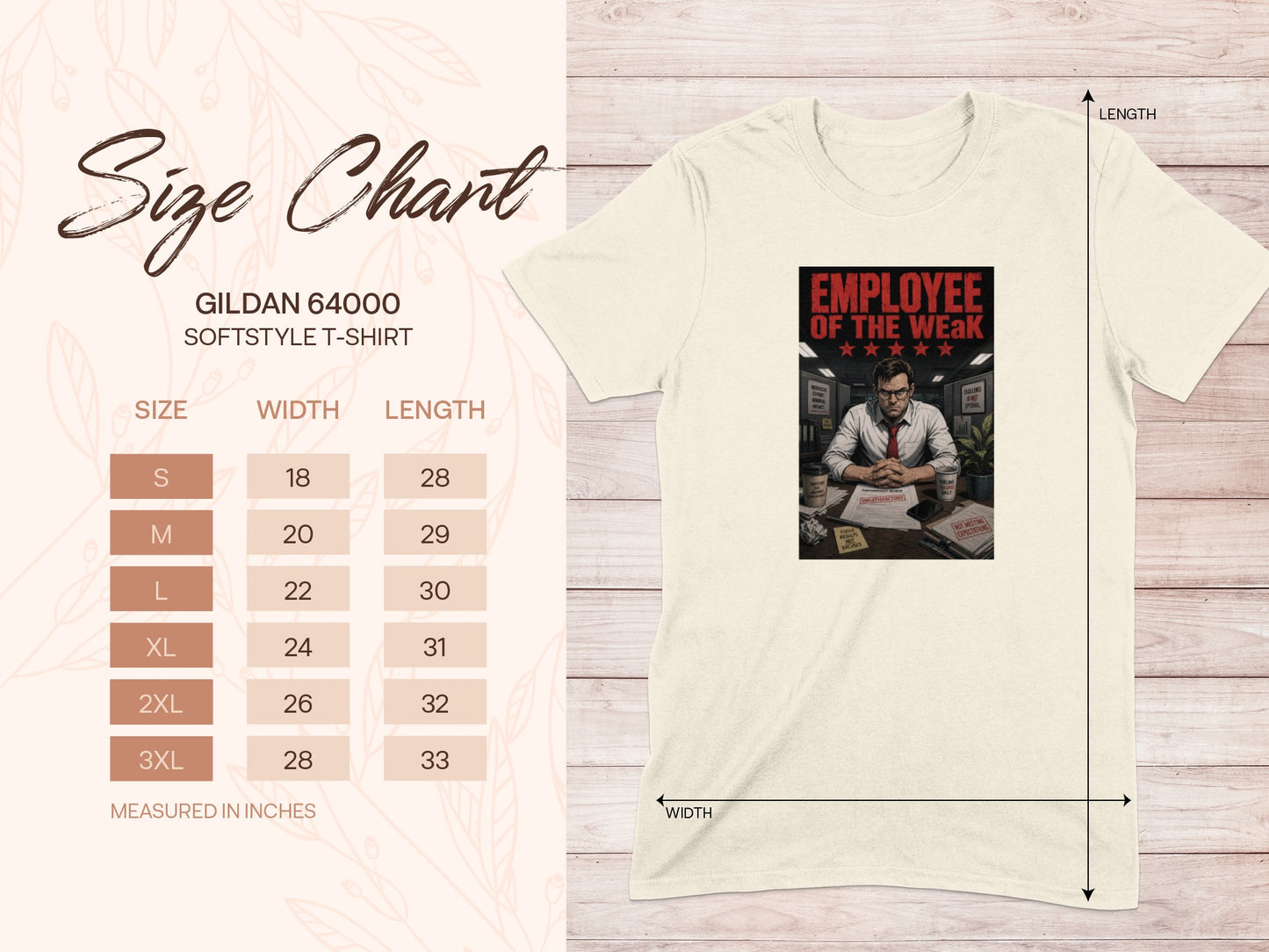 Gildan 64000 size chart with shirt graphic and "Employee of the Weak" text.