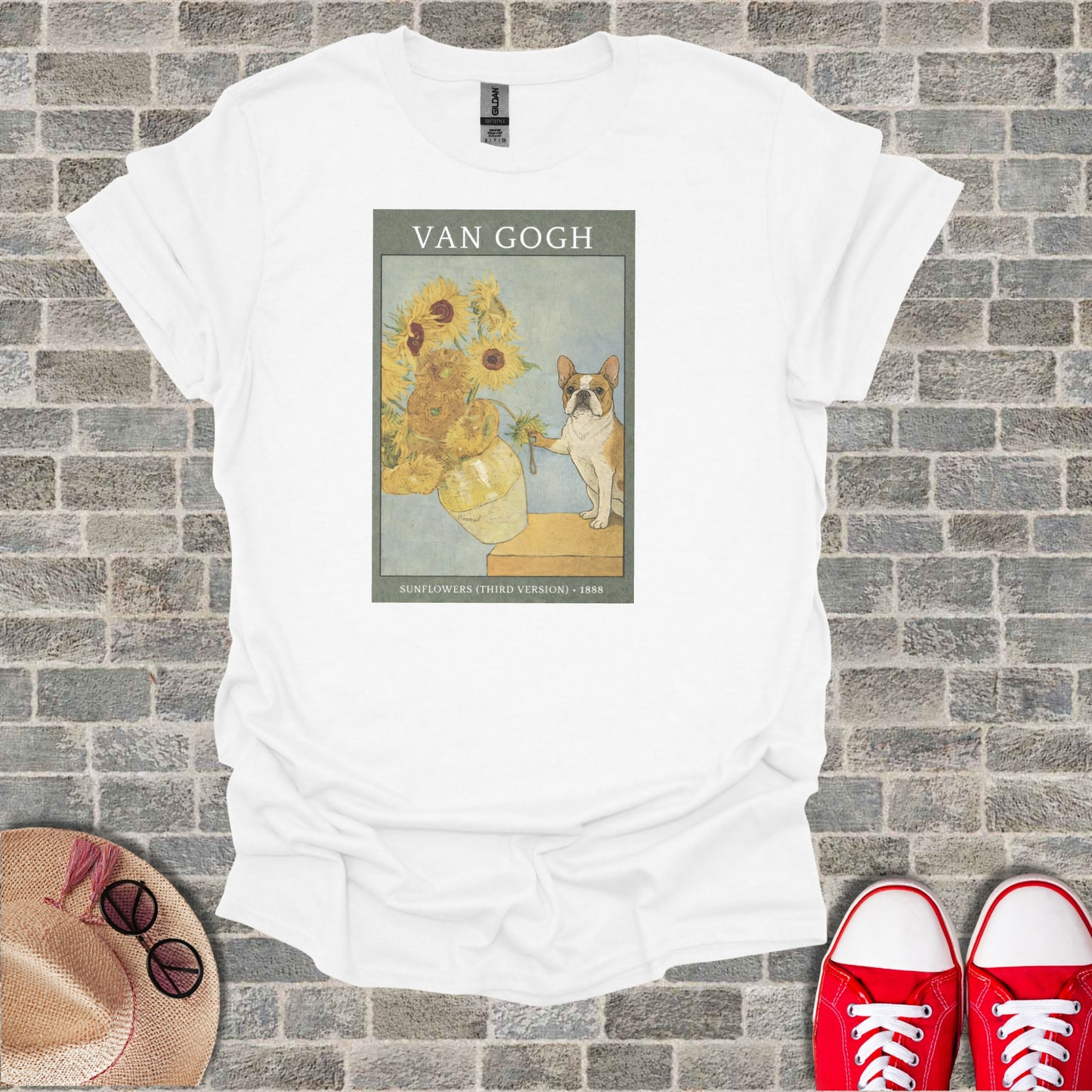 Van Gogh sunflowers artwork with French bulldog on white t-shirt.
