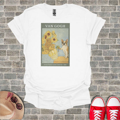 Van Gogh sunflowers artwork with French bulldog on white t-shirt.