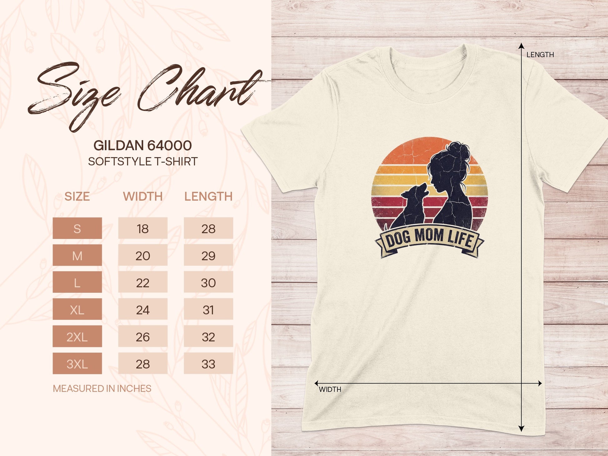 GILDAN 64000 DOG MOM LIFE T-SHIRT Size Chart product type