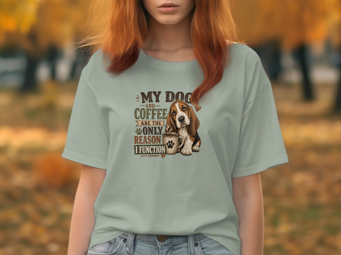 Basset hound with coffee mug and text "My dog and coffee are the only reason I function".