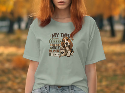 Basset hound with coffee mug and text "My dog and coffee are the only reason I function".