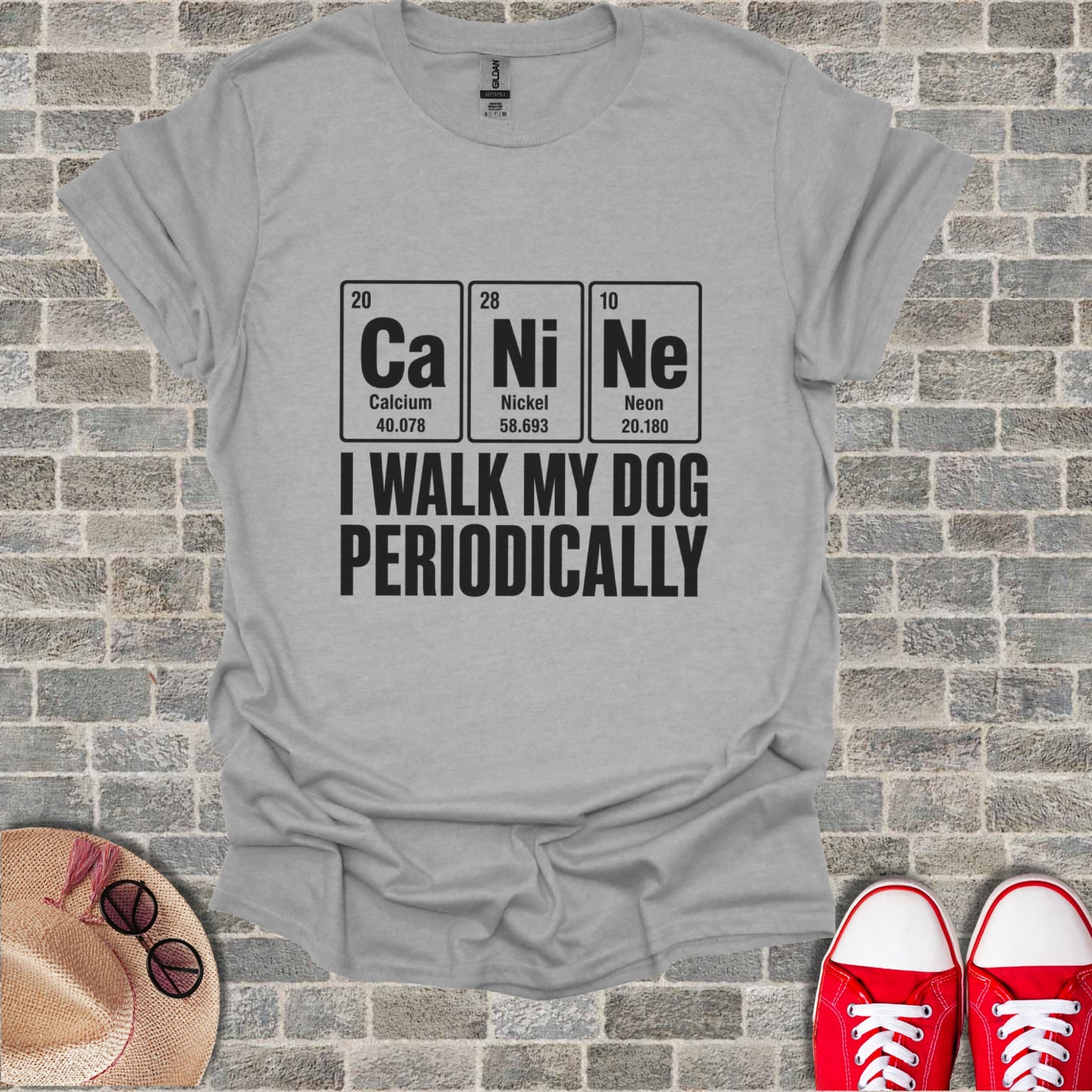 Gray t-shirt with "Ca Ni Ne" periodic table elements and "I walk my dog periodically" text.