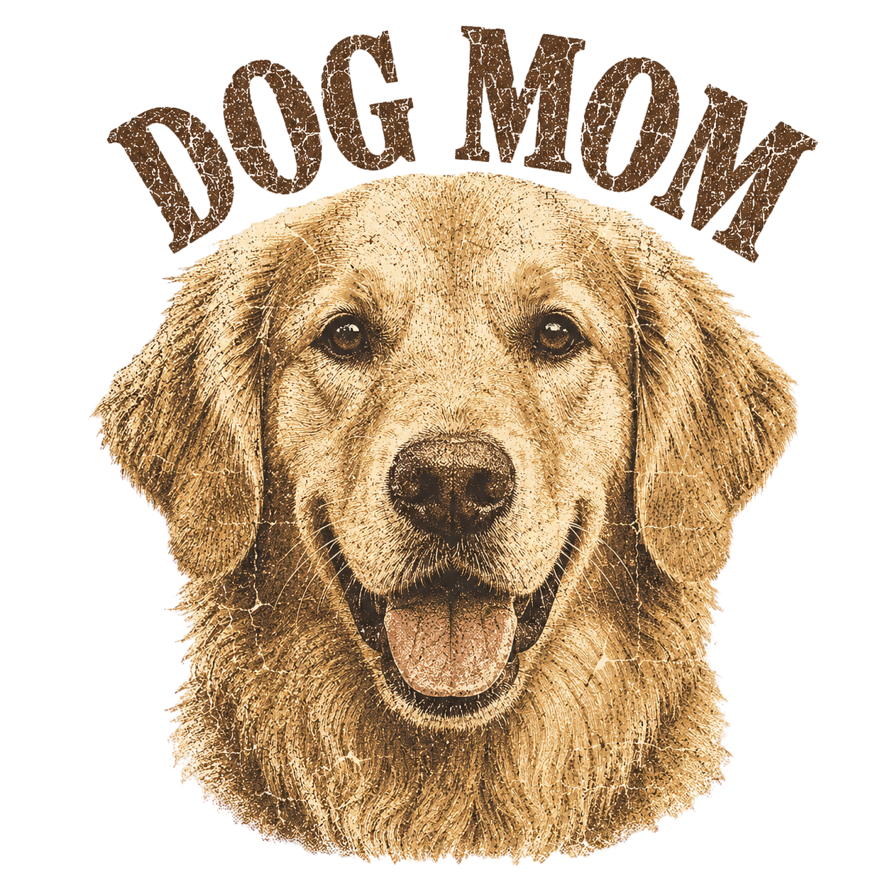 Golden Retriever head with "DOG MOM" text above, distressed effect