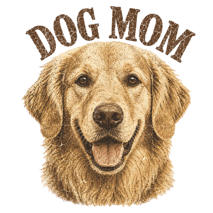 Golden Retriever head with "DOG MOM" text above, distressed effect