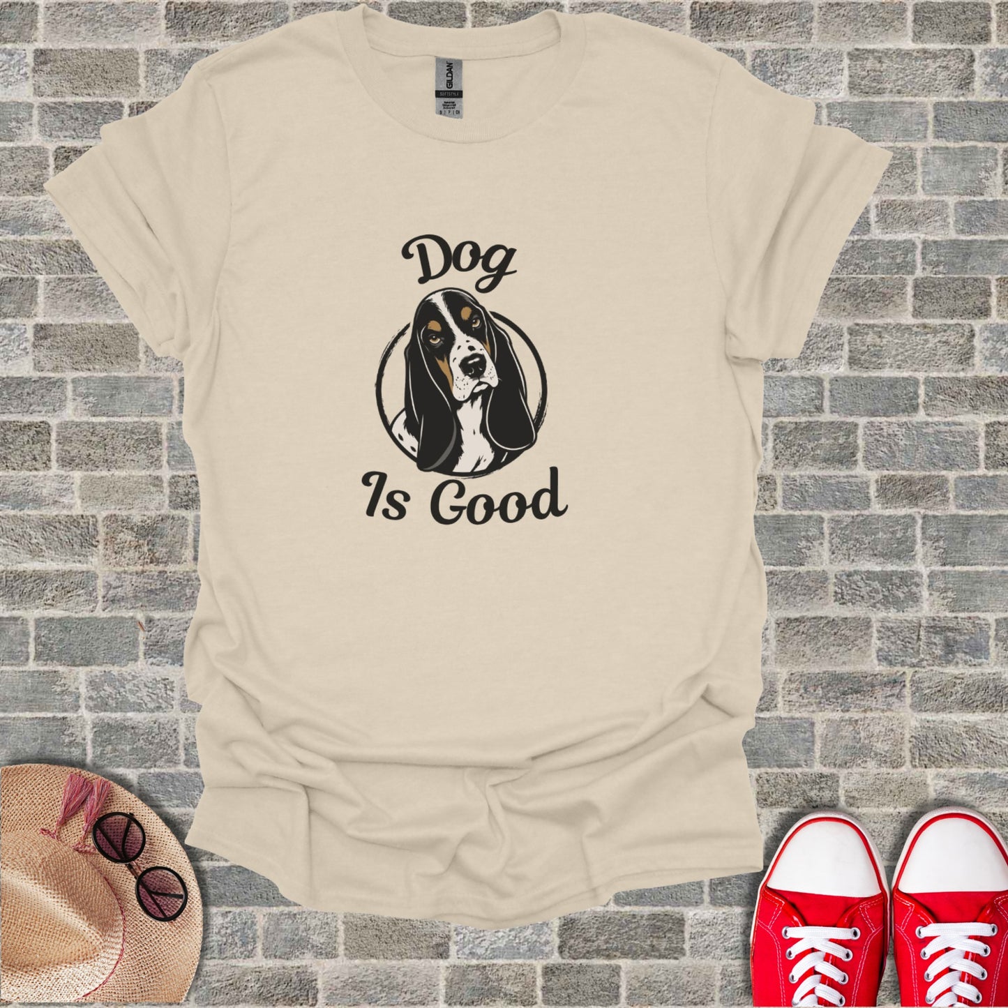 Dog Is Good t-shirt with a basset hound illustration in a circle.