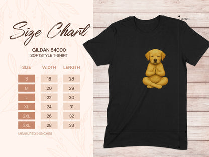 Gildan 64000 softstyle t-shirt size chart with illustrated golden retriever.