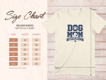Gildan 64000 Softstyle t-shirt size chart with measurements in inches.