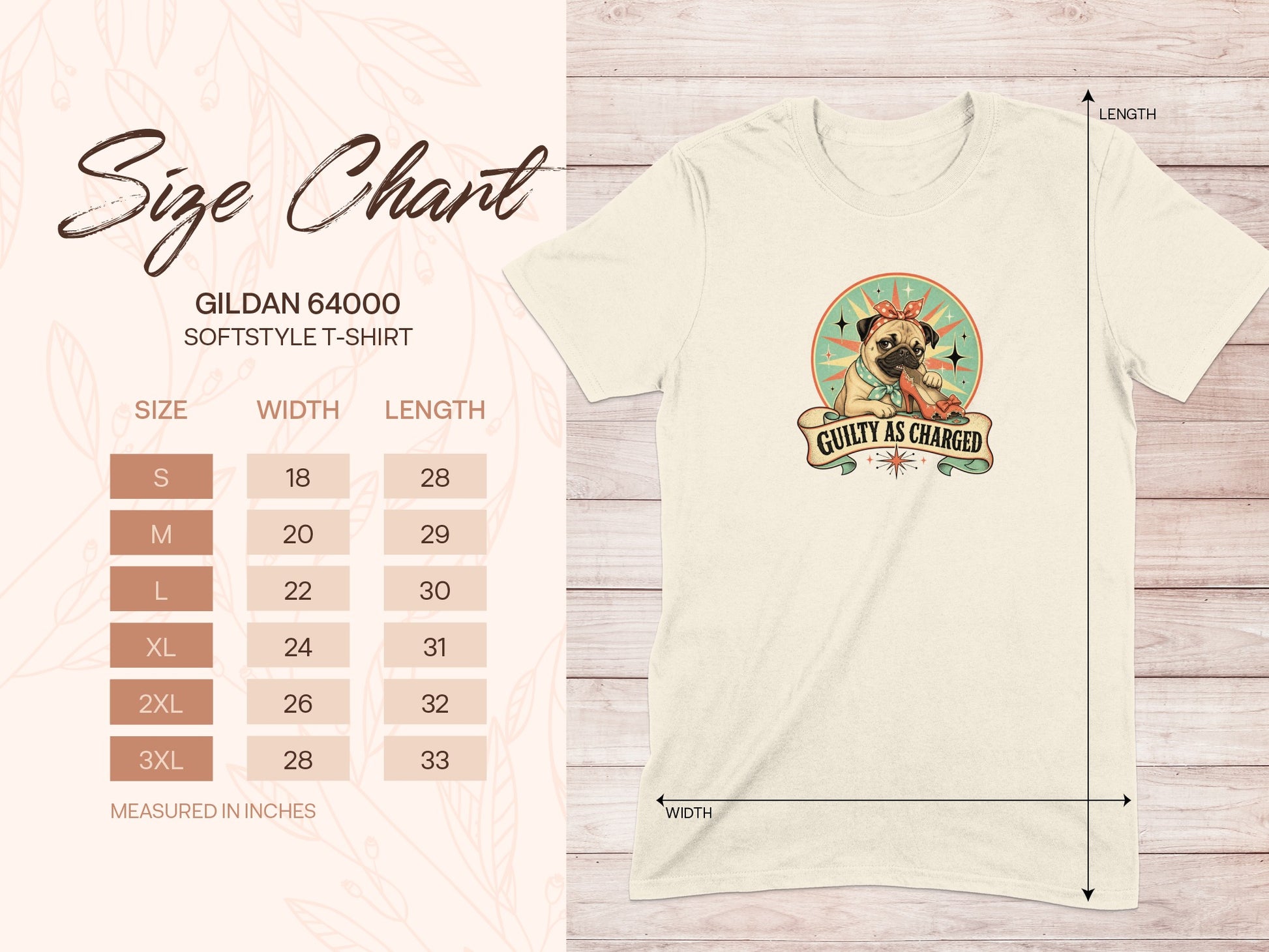 Gildan 64000 softstyle t-shirt size chart with pug graphic and "Guilty As Charged" text.