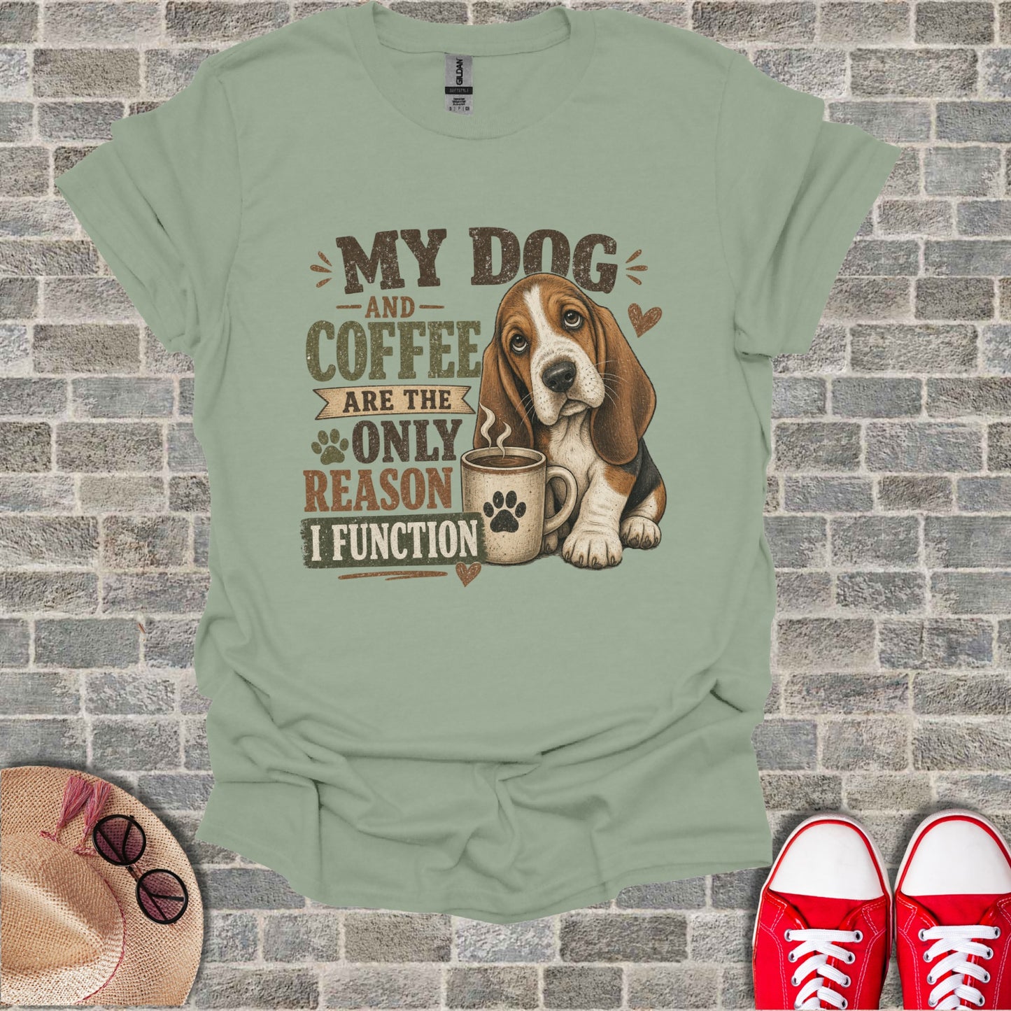 T-shirt with a basset hound and "My dog and coffee are the only reason I function" text.