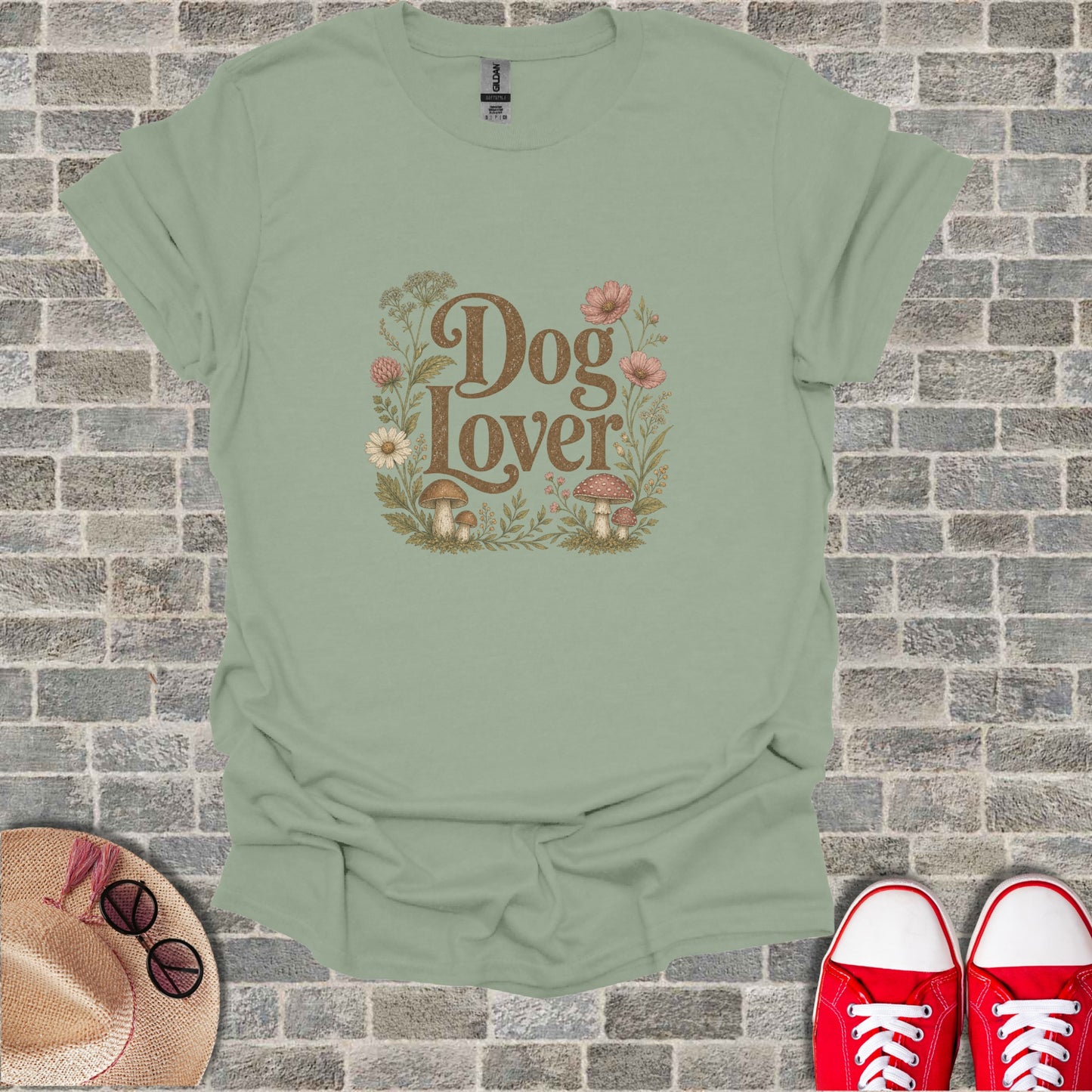 Sage green t-shirt with "Dog Lover" text and floral mushroom graphic.